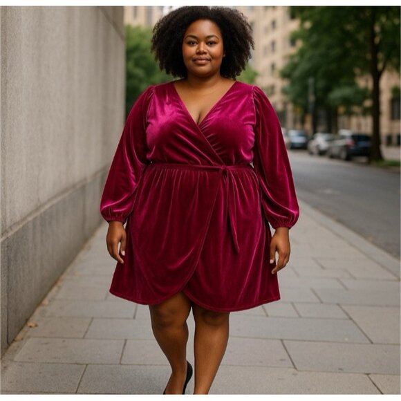 Nine West Dresses & Skirts - *Nine West Velvet Faux Wrap Dress 4X Tie Waist Holiday Christmas Deep-V Red Wine